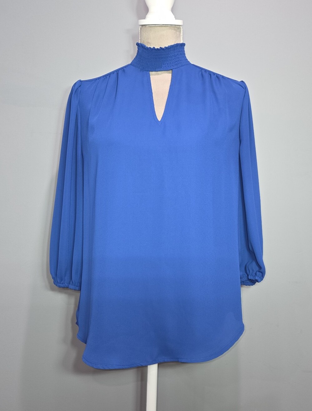 7th Ave by NY & Co Smocked Neck Keyhole Blouse in Cobalt Blue - S